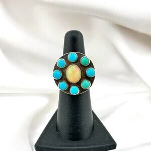 Native American Real Turquoise Natural Opal Ring Size 5.5 Etched Design